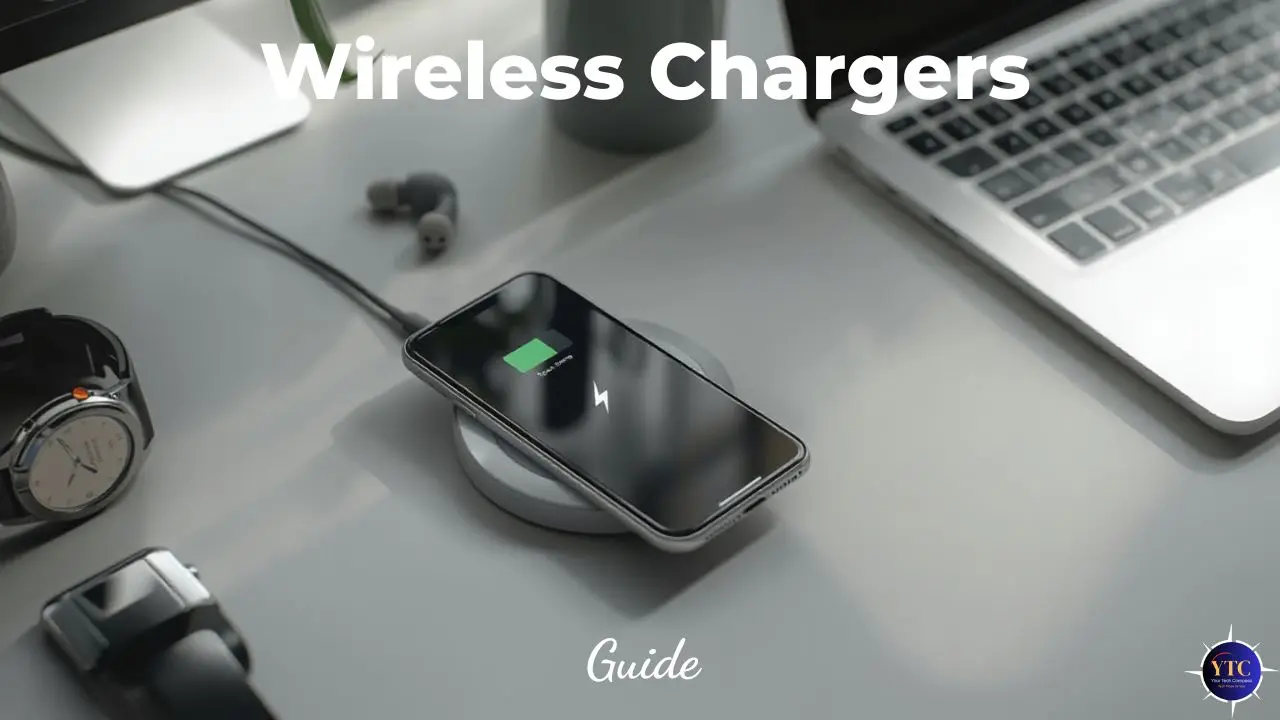 A promotional graphic titled “Wireless Chargers Guide” showing a smartphone charging on a circular pad on a modern desk beside a laptop, watch, and earbuds, suggesting a curated resource for selecting versatile, clutter-free charging solutions for everyday tech use.