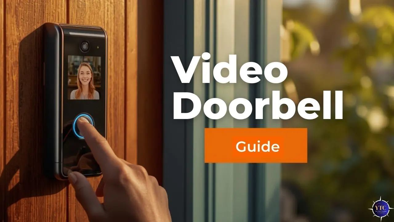A hand pressing a video doorbell with a display showing a person, next to bold text that reads, "Video Doorbell Guide."