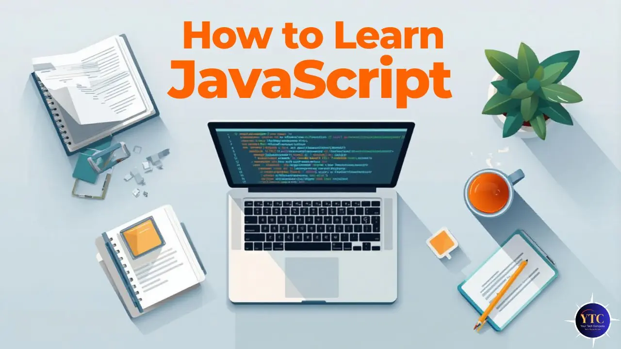 An illustrated workspace featuring a laptop displaying JavaScript code, surrounded by notebooks, a coffee cup, a pencil, and a potted plant, with large orange text reading “How to Learn JavaScript,” conveying an organized, beginner-friendly approach to mastering the language.