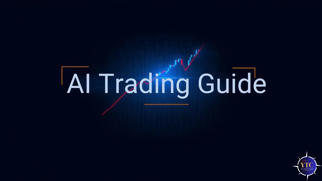 A dark background featuring the text "AI Trading Guide", accompanied by a rising graph and design elements.