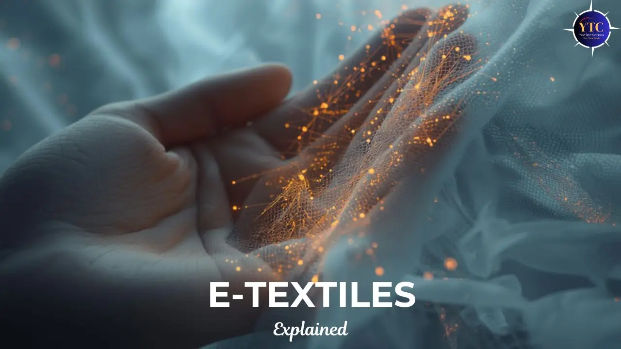 Close-up of a hand touching semi-transparent fabric with glowing digital nodes and network lines, representing smart or electronic textiles.