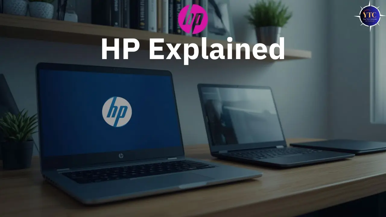 Two HP laptops on a wooden desk in a modern home office setting, with one displaying the HP logo on its screen. Overlaid text reads “HP Explained,” suggesting an educational or introductory overview of HP products