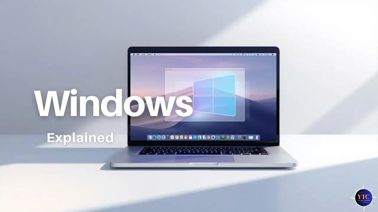 A silver MacBook on a white desk displaying the Windows desktop with the Start menu visible, overlaid with large text reading “Windows Explained,” introducing an educational guide on using Windows OS, particularly in the context of Mac hardware and cross-platform compatibility.