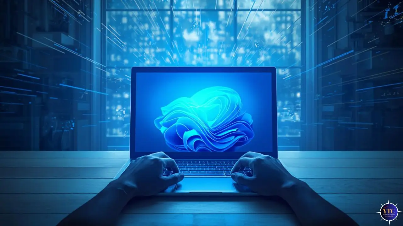 A conceptual image of hands typing on a laptop displaying the Windows 11 blue wave wallpaper, surrounded by glowing data streams and server racks in the background, symbolizing advanced computing, digital productivity, and modern operating system capabilities