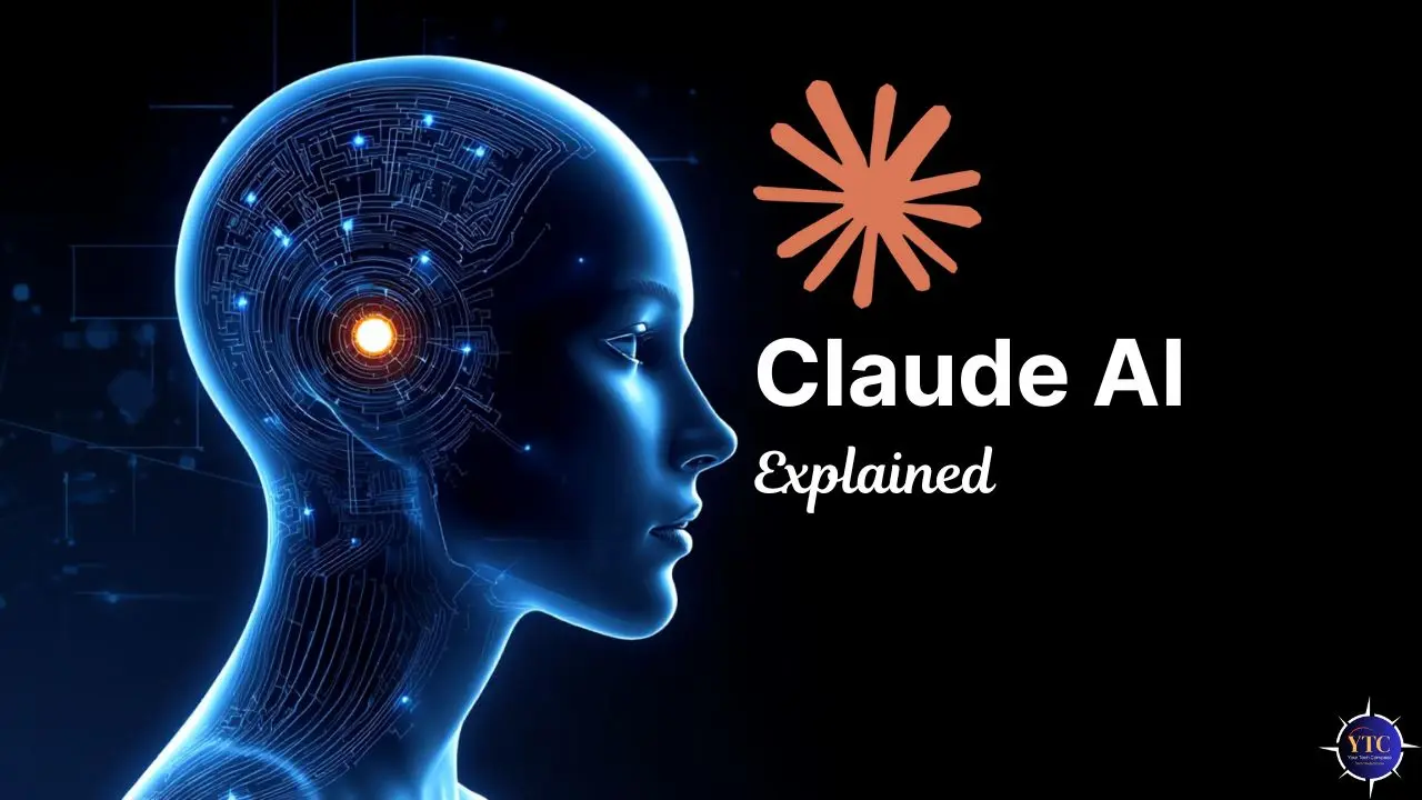 Futuristic blue human head profile with glowing circuitry patterns inside the brain area next to the Claude logo and the text Claude AI Explained on a dark background