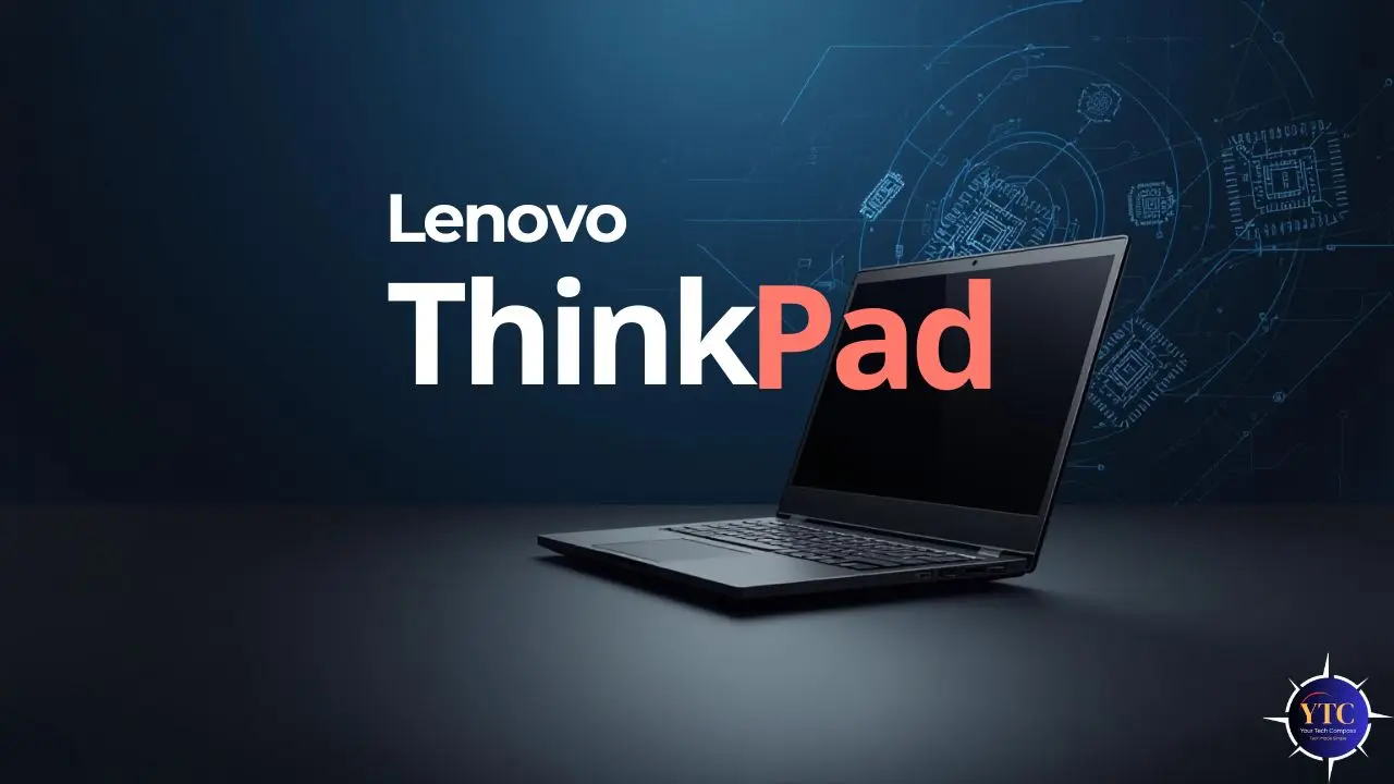 A sleek Lenovo ThinkPad laptop with a dark screen, positioned on a reflective surface against a high-tech blue background with circuit-like graphics. The words “Lenovo ThinkPad” appear prominently beside it, with “Pad” highlighted in red