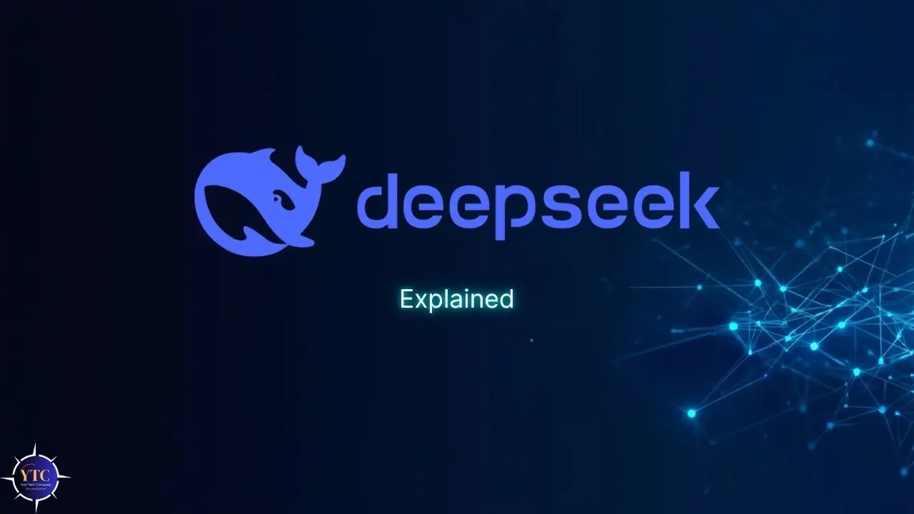 The DeepSeek logo, a stylized blue whale, displayed prominently on a dark blue background with glowing network lines and the word “Explained” below, suggesting an educational or introductory overview of the AI platform.