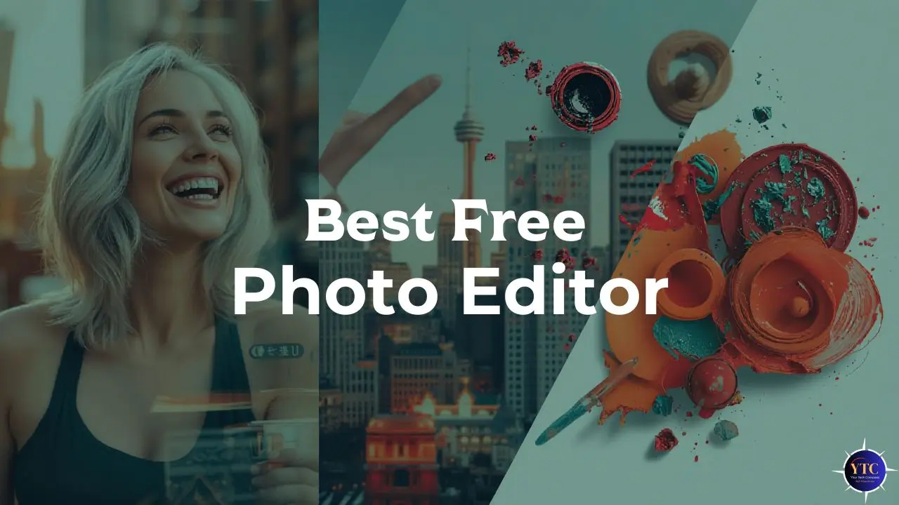 A collage featuring urban skyline, vibrant paint, and text promoting the "Best Free Photo Editor."