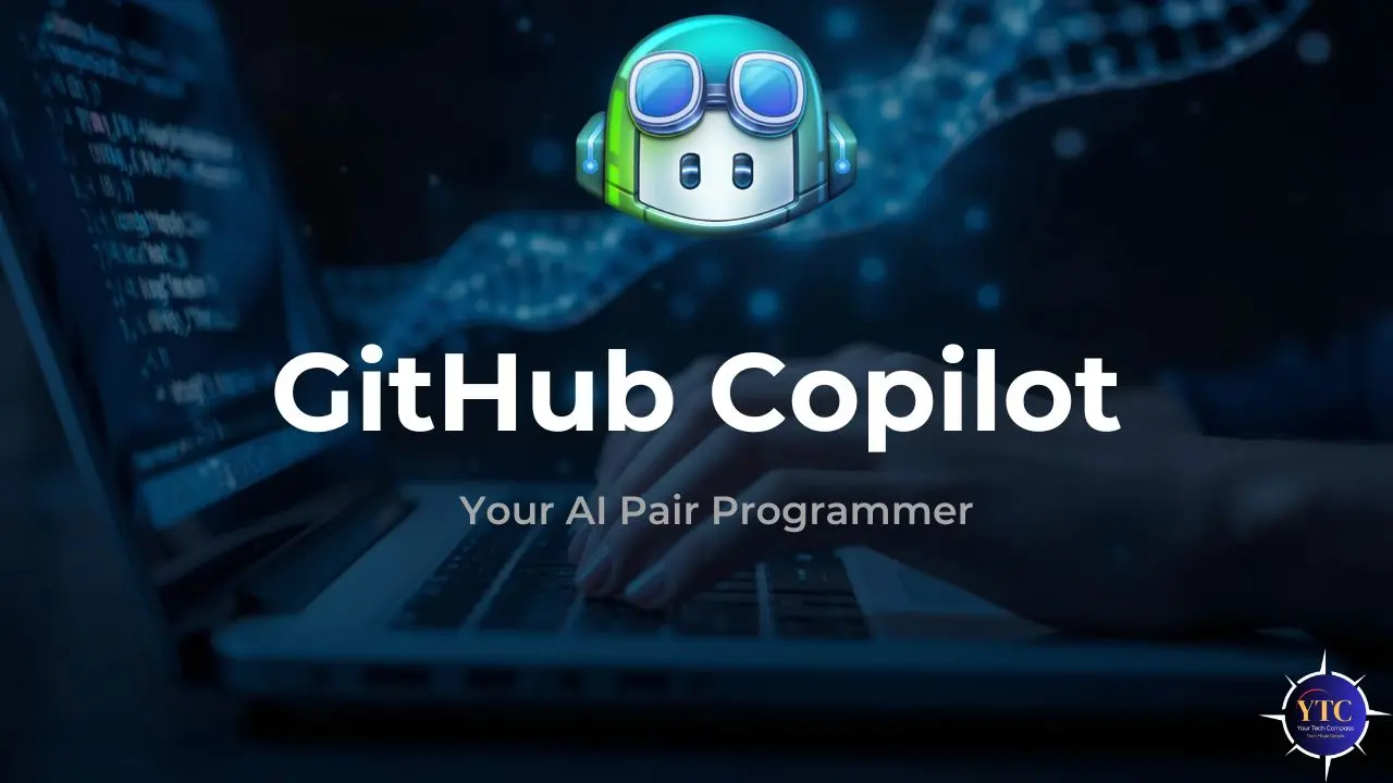 GitHub Copilot logo above hands typing on a laptop keyboard with code visible on the screen