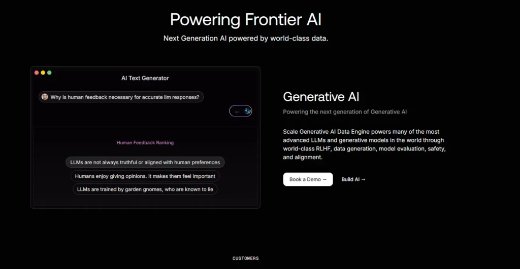 A dark-themed webpage titled “Powering Frontier AI,” featuring an AI Text Generator demo asking “Why is human feedback necessary for accurate LLM responses?” alongside a description of Scale’s Generative AI Data Engine, emphasizing its role in training advanced LLMs through RLHF, safety, and alignment, with options to “Book a Demo” or “Build AI.”