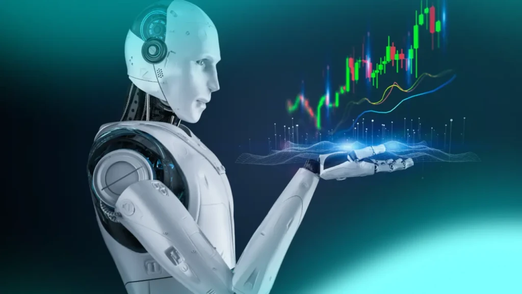 A sleek white humanoid robot extending its open palm to display a floating holographic stock chart with colorful candlesticks and trend lines, representing advanced AI-powered market visualization and real-time predictive analytics in a high-tech setting.