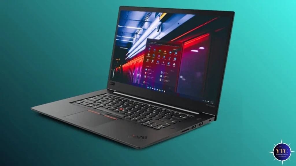 A Lenovo ThinkPad X1 Extreme laptop angled against a teal gradient background, showing its screen with a Windows desktop interface and a futuristic red-and-blue tunnel wallpaper. The “ThinkPad” logo is visible on the palm rest