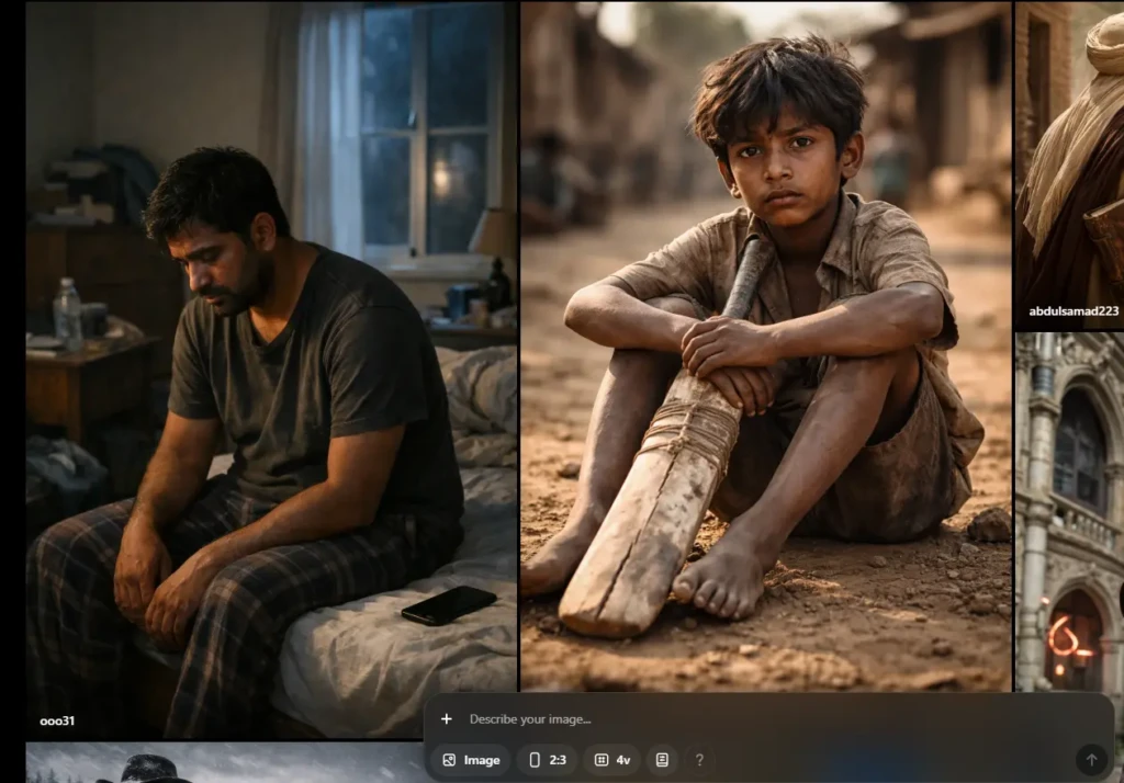 Split-screen image showing a man sitting on a bed looking down in a dimly lit room and a barefoot boy sitting on dusty ground holding a wooden cricket bat in a rural setting