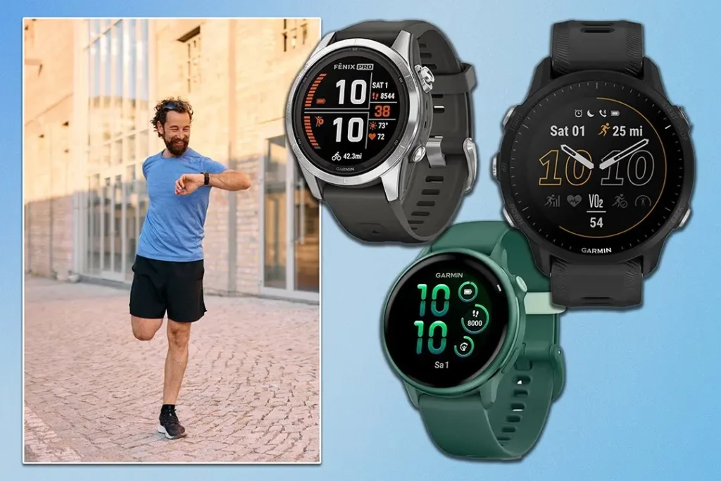 A collage featuring a runner checking his wrist while jogging on a cobblestone street, alongside three Garmin smartwatches, Fenix Pro, Forerunner, and another Fenix model, each showing distinct workout data like distance, heart rate, and VO₂ max. Emphasizes real-world athletic use and model versatility