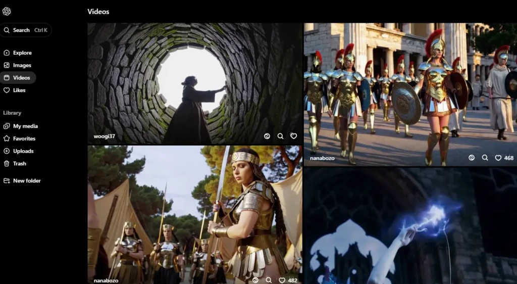 Screenshot of a video gallery interface showing AI-generated cinematic scenes including armored warriors marching, a woman with a sword in historical attire, and a dramatic lightning effect in a stone corridor