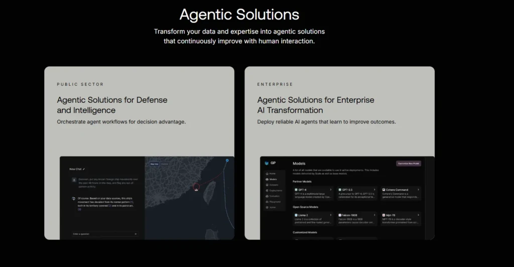 A webpage section titled “Agentic Solutions,” showcasing two use cases: “Public Sector, Agentic Solutions for Defense and Intelligence” with a map-based chat interface, and “Enterprise, Agentic Solutions for Enterprise AI Transformation” listing partner models like GPT-4 and Llama 2, highlighting scalable, human-in-the-loop AI systems for specialized industries.