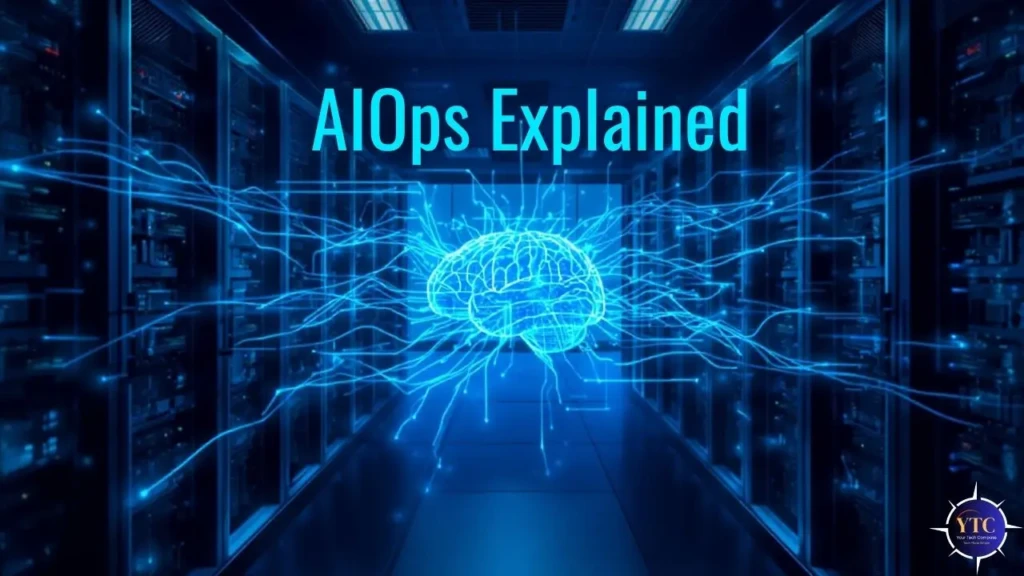 A server room hallway with illuminated racks and a central glowing brain icon radiating blue data streams, under the title “AIOps Explained,” representing how artificial intelligence processes real-time telemetry to enable intelligent, autonomous IT decision-making at scale.