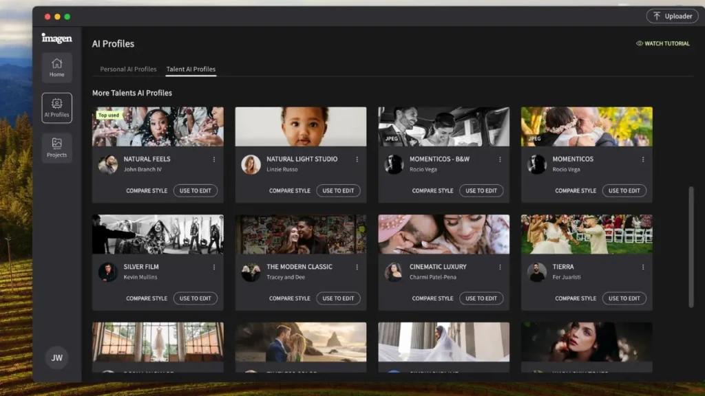 A dark-themed interface showing various AI profile options and user names for photography styles, including editing options.