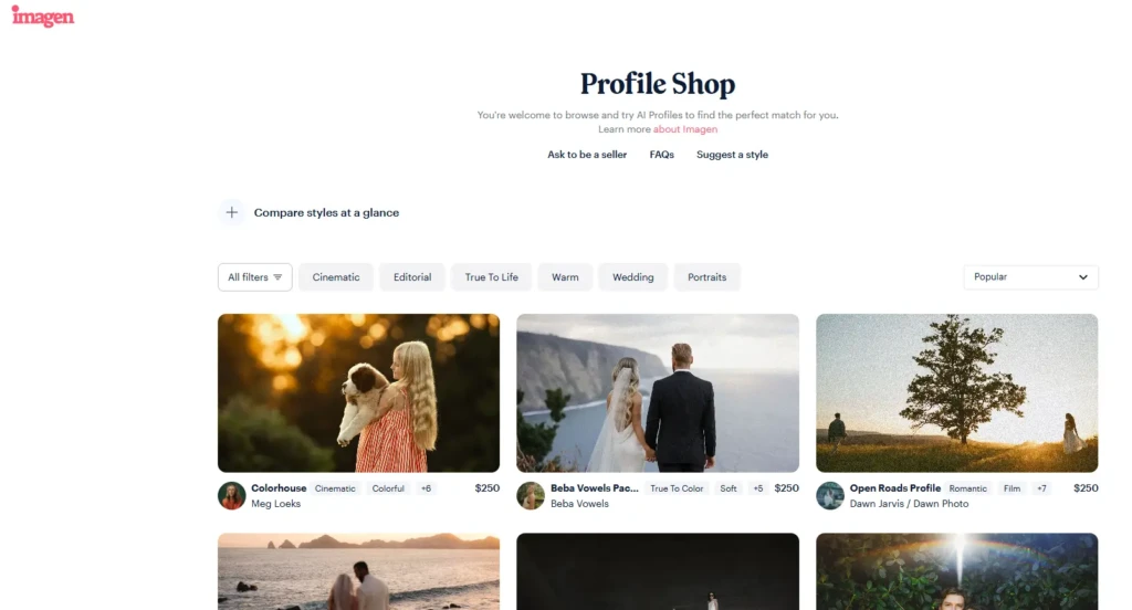 The Imagen “Profile Shop” webpage displaying AI-powered photo style templates like “Colorhouse,” “Beba Vowels,” and “Open Roads Profile,” with filters for Cinematic, Editorial, Wedding, and Portraits, inviting users to browse, compare, and apply personalized AI styles to their images.