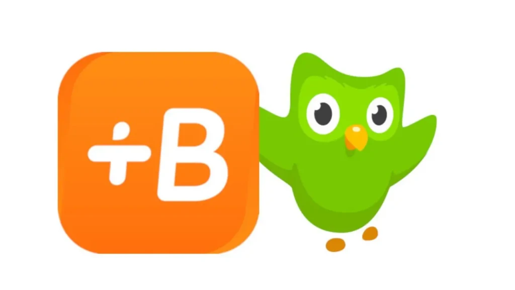 The Babbel app icon, an orange square with a white “+B” logo, alongside Duolingo’s green owl mascot peeking playfully from behind it. Highlights the two popular language-learning platforms side by side