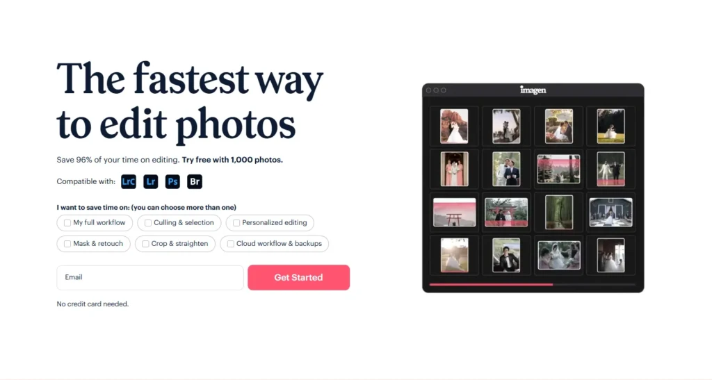 A promotional graphic titled “The fastest way to edit photos,” featuring the Imagen interface with a grid of edited wedding and portrait photos, compatibility badges for Lightroom (Lr), Photoshop (Ps), and Bridge (Br), and options to select editing workflows, emphasizing time savings and seamless integration.