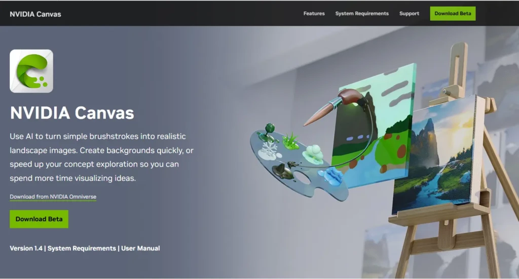 The NVIDIA Canvas homepage banner featuring the app’s logo, tagline “Use AI to turn simple brushstrokes into realistic landscape images,” and a 3D illustration of a painter’s palette transforming into scenic canvases, promoting its creative potential for concept artists and designers, with options to “Download Beta” and access documentation.
