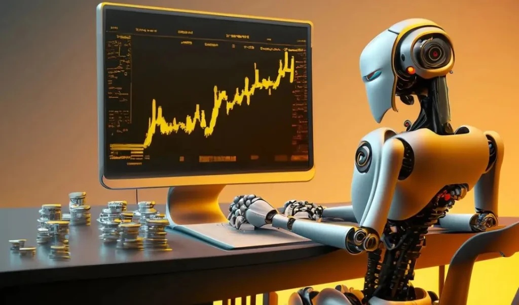 A stylized humanoid robot seated at a desk analyzing a rising yellow stock chart on a monitor, with stacks of coins nearby, symbolizing AI-driven financial analysis and automated trading in a futuristic, data-rich environment.