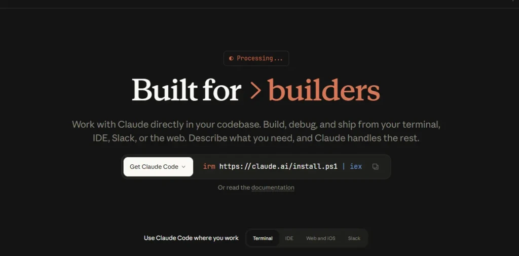 Dark themed Claude website section showing the headline Built for builders with descriptive text about coding and development tools and a highlighted command line installation snippet