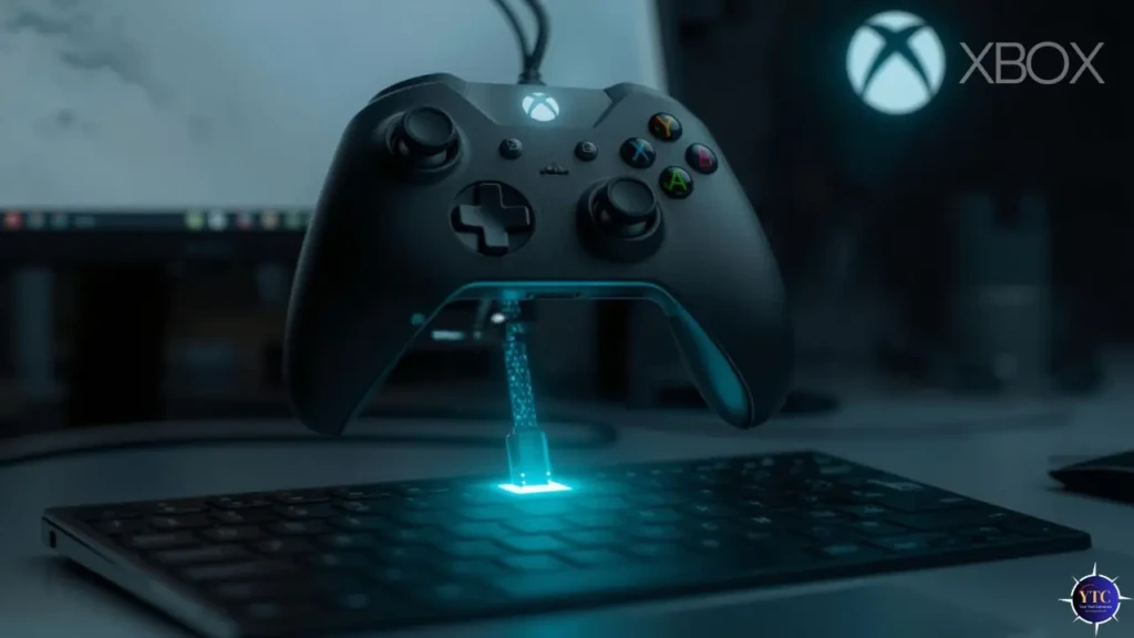 A dramatic, stylized shot of a black Xbox controller hovering above a glowing keyboard, with a USB cable emitting a blue light effect. The Xbox logo glows softly in the background, evoking a futuristic, immersive gaming experience on PC