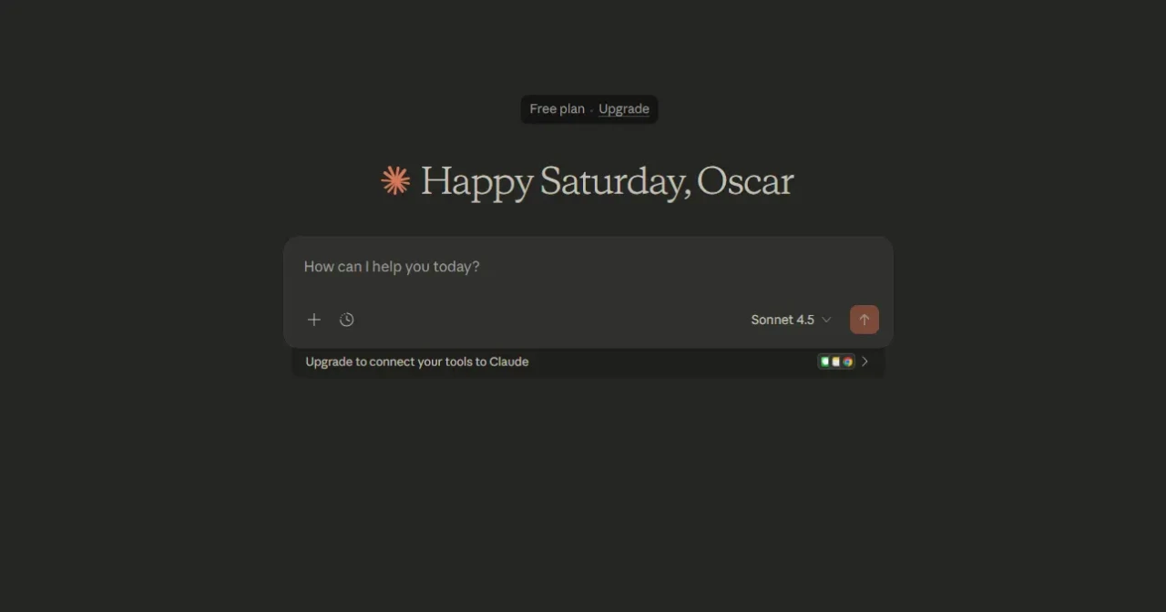 Claude chat interface showing a greeting message Happy Saturday Oscar with an empty input field and model selector set to Sonnet on a dark themed dashboard