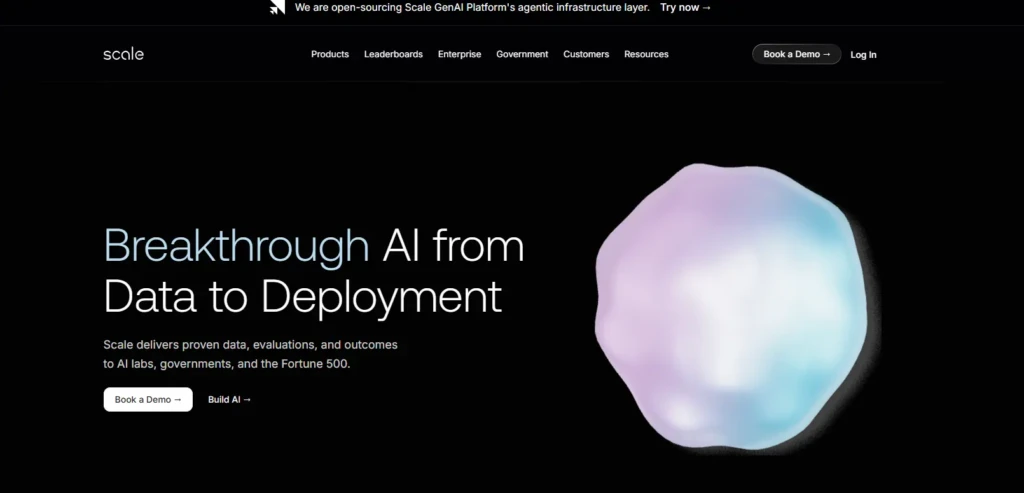 The Scale AI homepage hero section with the headline “Breakthrough AI from Data to Deployment,” explaining that Scale delivers proven data, evaluations, and outcomes to AI labs, governments, and Fortune 500 companies, accompanied by a glowing abstract orb graphic and navigation links including “Products,” “Enterprise,” and “Book a Demo.”