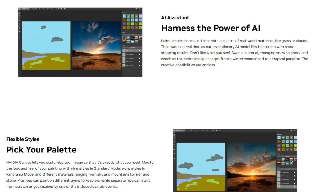 A webpage section showcasing NVIDIA Canvas’s “AI Assistant” and “Flexible Styles” features, displaying side-by-side comparisons of simple brushstrokes transformed into photorealistic landscapes, highlighting how users can customize scenes with materials like grass, clouds, or stone across different modes and layers.