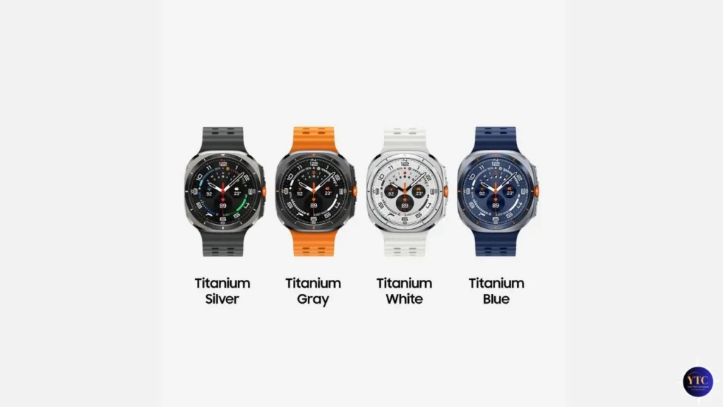 Four color variants of the Samsung Galaxy Watch Ultra displayed side by side: Titanium Silver, Titanium Gray, Titanium White, and Titanium Blue, each with matching silicone straps and detailed analog-digital watch faces
