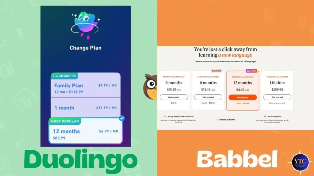 A side-by-side comparison of Duolingo and Babbel subscription plans. On the left, Duolingo’s “Change Plan” screen shows pricing for family and monthly memberships. On the right, Babbel’s pricing tiers (3, 6, 12 months, and lifetime) are displayed with savings highlighted, helping users compare cost and value