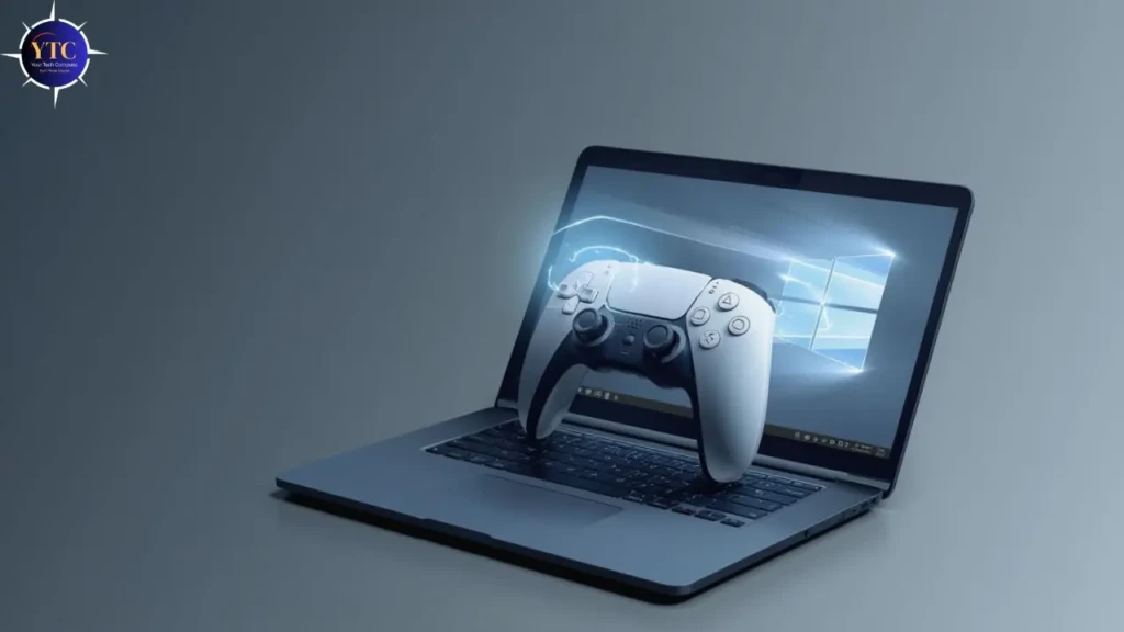 A stylized concept image showing a PlayStation DualSense controller appearing to emerge from a laptop screen displaying the Windows 11 logo, symbolizing seamless integration of PS5 controllers with Windows PCs for gaming or remote play