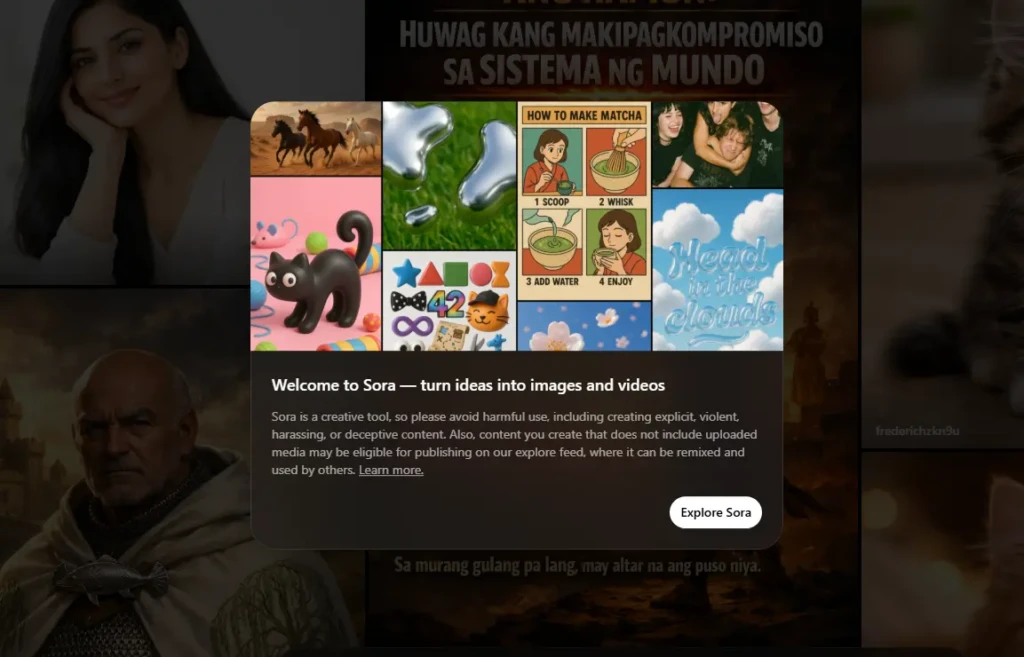 Welcome screen for Sora showing a grid of colorful example images and illustrations with a centered message reading Welcome to Sora turn ideas into images and videos and an Explore Sora button below