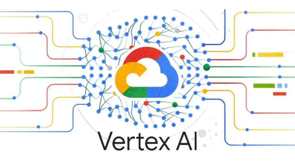 The Google Cloud logo centered within a network of interconnected blue dots and multicolored circuit-like lines, with the text “Vertex AI” below, symbolizing intelligent connectivity, cloud-based machine learning, and scalable AI infrastructure powered by Google Cloud.