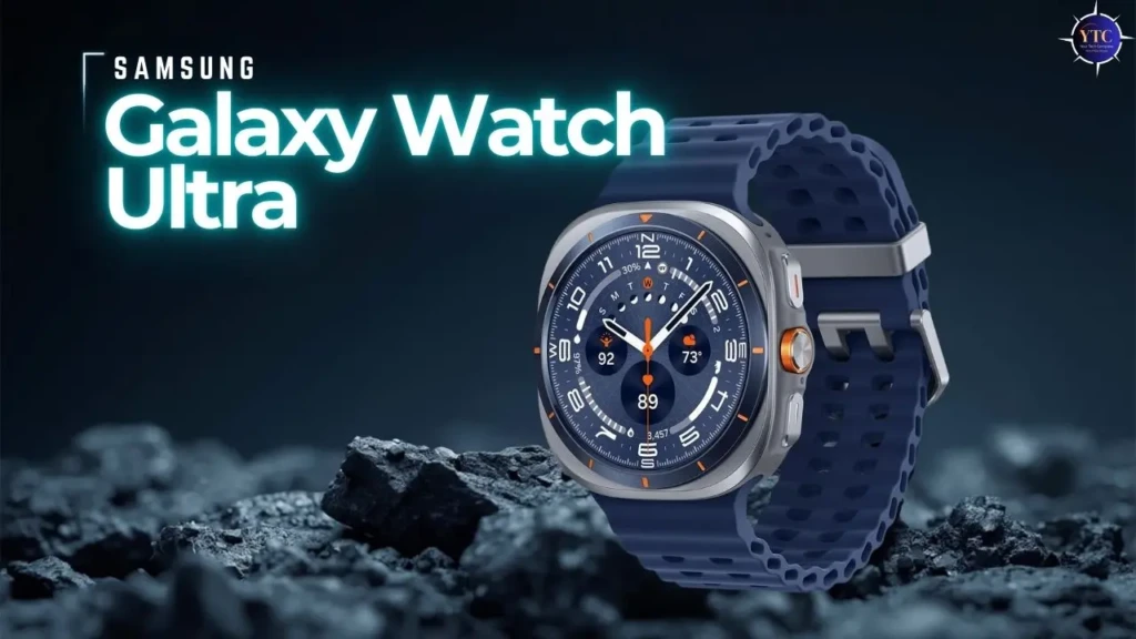 The Samsung Galaxy Watch Ultra in Titanium Blue, showcased on a dark rocky surface against a deep blue background. The glowing “Samsung Galaxy Watch Ultra” text highlights its premium build and adventure-ready features