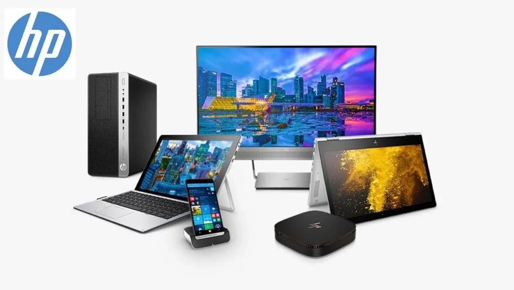 A lineup of HP devices including a desktop tower, monitor, laptop, tablet, smartphone, and streaming device, all arranged against a clean white background. Each screen displays vibrant cityscape or abstract visuals, showcasing HP’s ecosystem of connected computing solutions