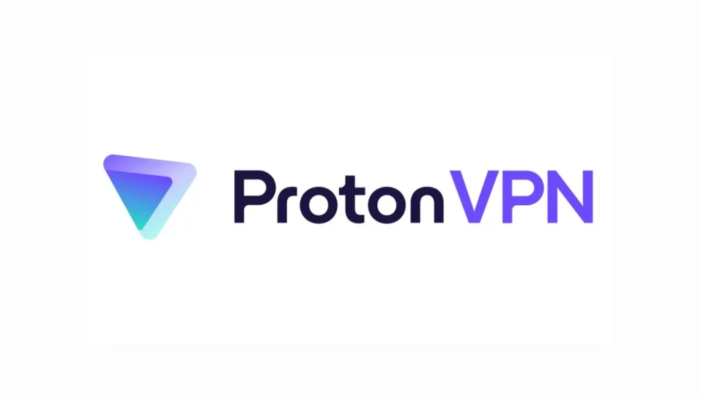 The ProtonVPN logo displaying a gradient triangle transitioning from purple to cyan beside the word โProtonVPNโ in bold dark blue and vibrant purple letters, conveying modernity, trust, and advanced encryption technology for secure internet browsing.