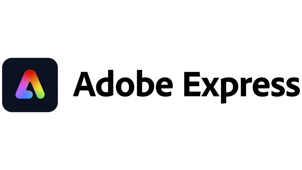 The Adobe Express logo showing a vibrant rainbow-colored “A” inside a dark rounded square, beside the text “Adobe Express” in bold black font, highlighting its all-in-one design tool for creating social media graphics, videos, and marketing assets quickly.