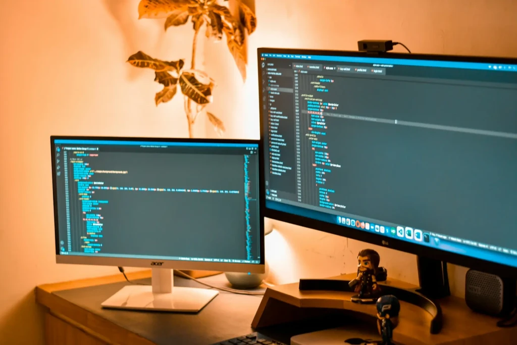 A dual-monitor developer setup featuring an Acer and an LG display both running code editors, with warm ambient lighting, a small plant, and figurines on the desk, illustrating a professional, personalized workspace optimized for productivity and comfort.