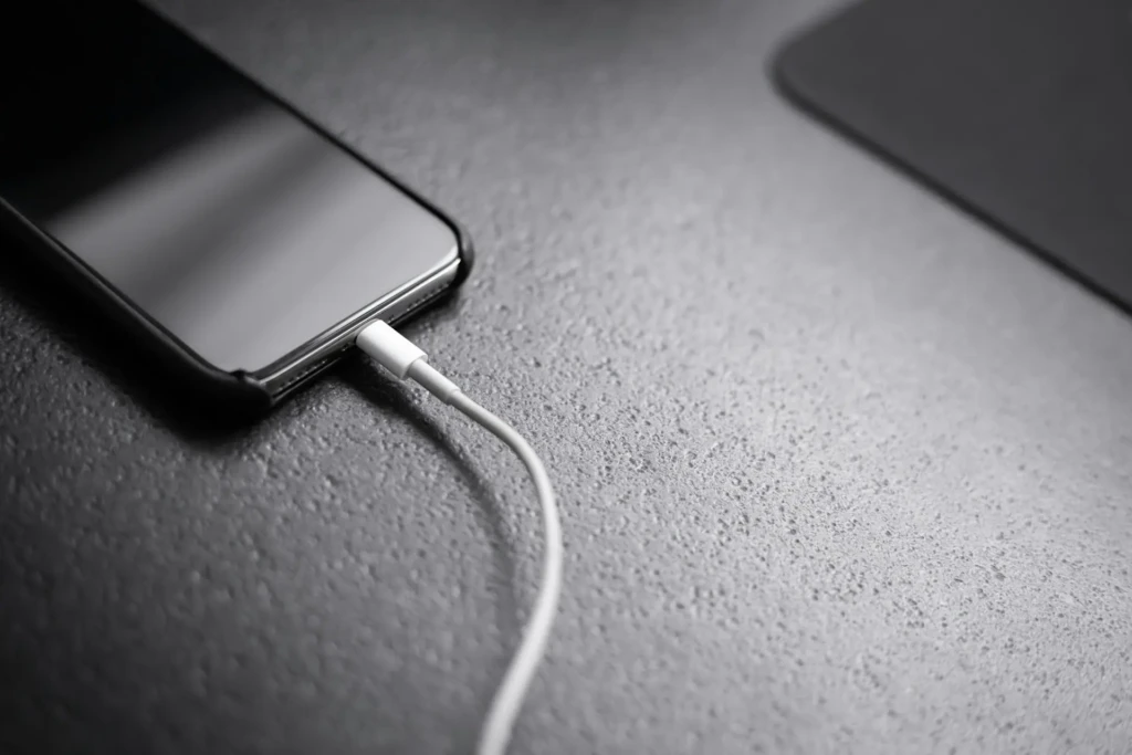 A close-up of a black iPhone connected to a white Lightning cable on a textured gray surface, symbolizing the physical connection required for iOS device repair or data recovery using tools like Reiboot in a real-world troubleshooting scenario.