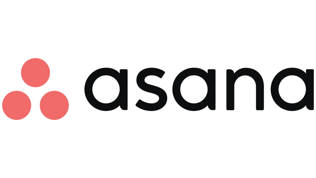The Asana logo featuring three coral-colored circles arranged in a triangular pattern beside the word “asana” in bold black lowercase letters, set against a muted green background, representing its brand identity as a team collaboration and project management platform.