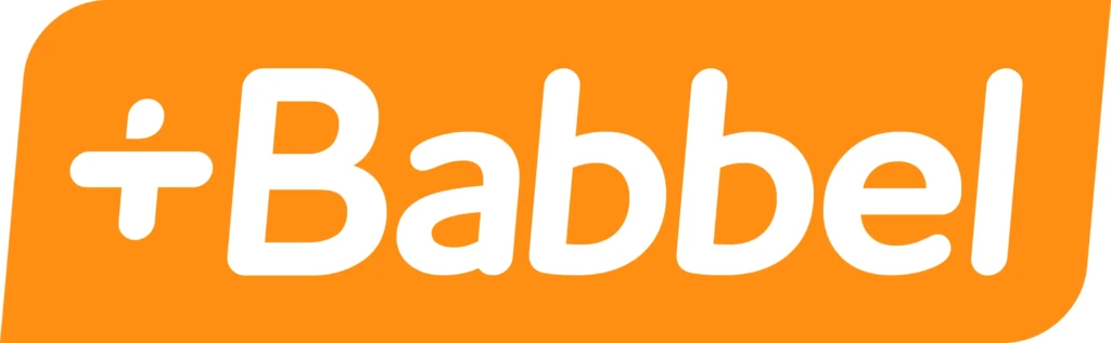 The Babbel logo, bold white text spelling “Babbel” with a stylized “+B” symbol, set against a vibrant orange rounded rectangle background. Represents the brand’s modern, structured approach to language learning