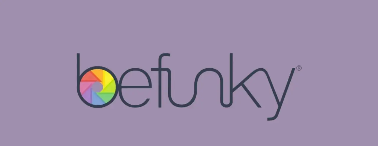 Logo of BeFunky, featuring the name in a modern font beside a colorful camera lens icon, set against a light purple background.