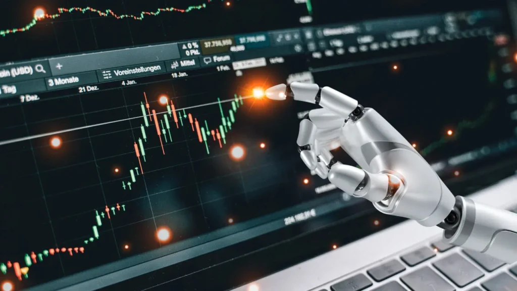 A robotic hand interacts with a digital stock market chart, highlighting data trends on a laptop screen.