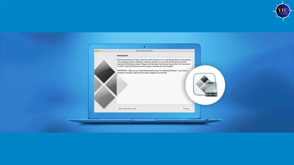 A MacBook displaying the Boot Camp Assistant setup window, explaining how to install Microsoft Windows on an Intel-based Mac, with a floating icon of the Boot Camp logo beside it, set against a blue gradient background, highlighting the dual-boot installation process.