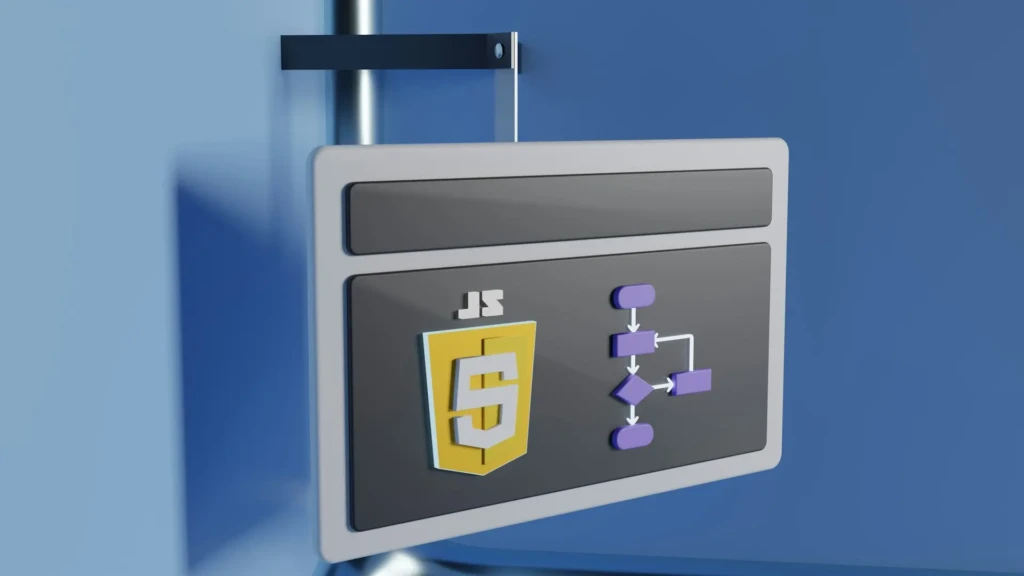 A 3D-rendered digital display mounted on a blue wall, showing the JavaScript logo (JS in a yellow shield) alongside a purple flowchart diagram, symbolizing programming logic, code structure, or learning pathways in JavaScript development.