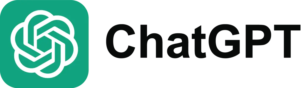 The ChatGPT logo displaying a white interlocking hexagon symbol inside a green rounded square, beside the text “ChatGPT” in dark gray, symbolizing OpenAI’s conversational AI model designed for natural language interaction and content generation.